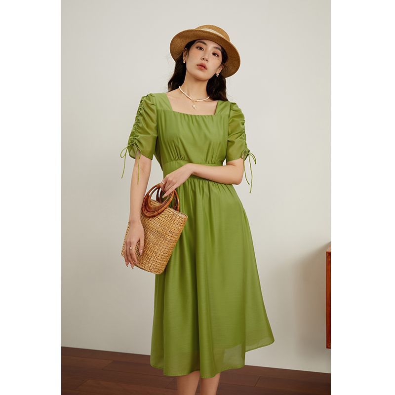 大码女装新款【双色可选】法式复古打揽收腰连衣裙夏新款清新裙子