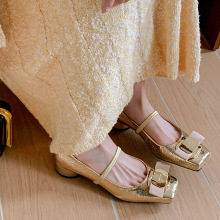 羊皮银色单鞋女时髦低跟一字带浅口鞋法式方头蝴蝶结粗跟玛丽珍鞋