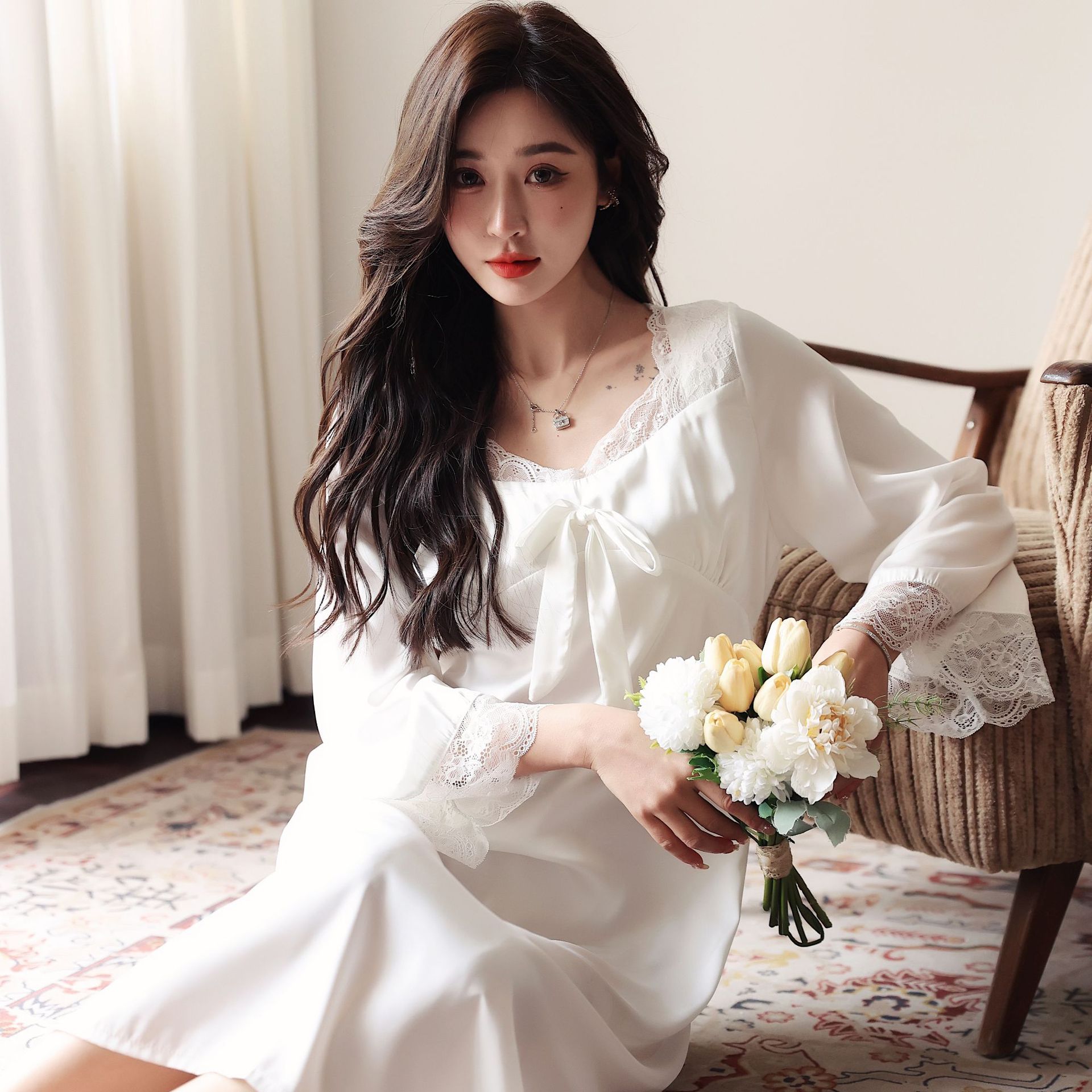 睡衣女冰丝睡裙网红复古春夏季长款仿真丝蕾丝性感甜美长裙家居服