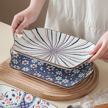 日式复古釉下彩陶瓷12寸双耳长方盘家用烤盘菜盘蒸鱼盘子瓷器批发