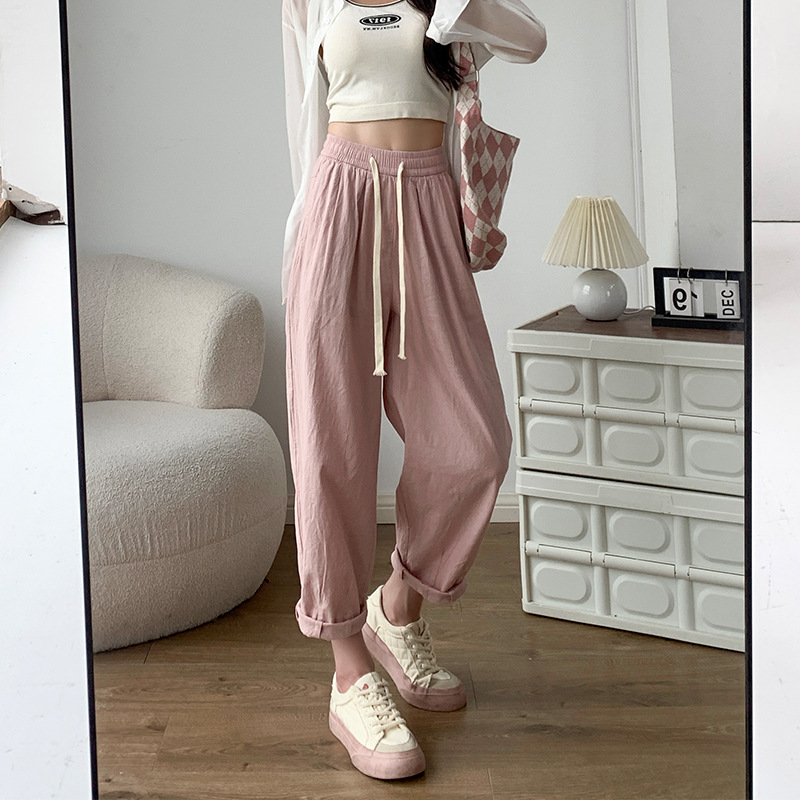 [Pure Cotton] Overalls Women's Spring and Summer Cotton and Linen High Waist Slimming Ankle-Tied Harem Pants Loose Casual Straight-Leg Wide Leg Pants