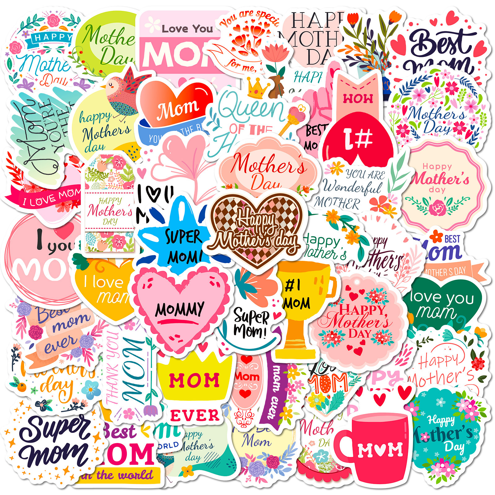 50张英字母亲节贴纸感恩母亲节装饰贴纸亚马逊粉色母亲节快乐贴纸