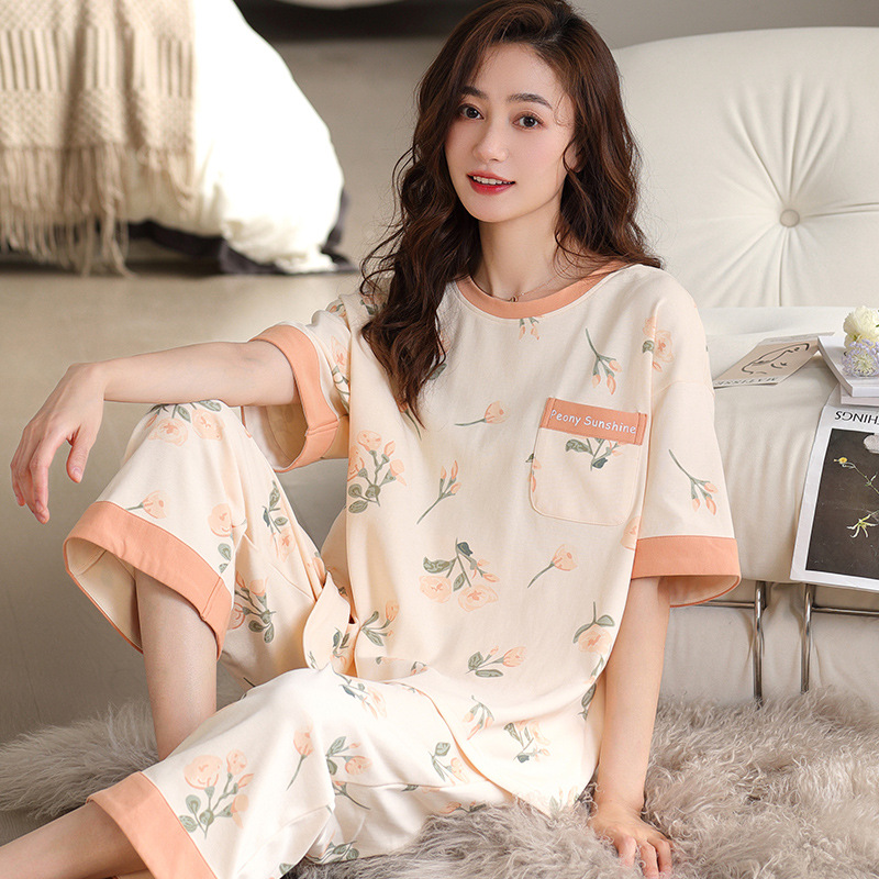 Women's Cotton Casual Suitable for Daily Wear Pajamas 2023 New Summer Thin Short-Sleeved Cropped Pants round Neck Summer Home Wear