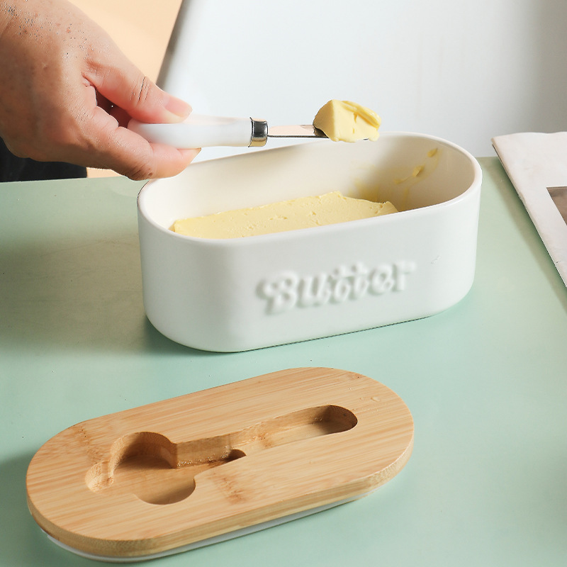 Modern Ceramic Butter Box Crisper with Wooden Lid Knife Set Butter Dish Household Cheese Box Ceramic Butter Box