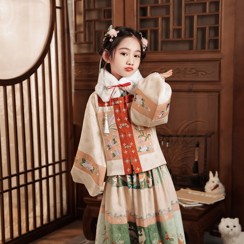 女童汉服秋冬中国风女孩加厚拜年服红色过年服装儿童唐装古装毛领