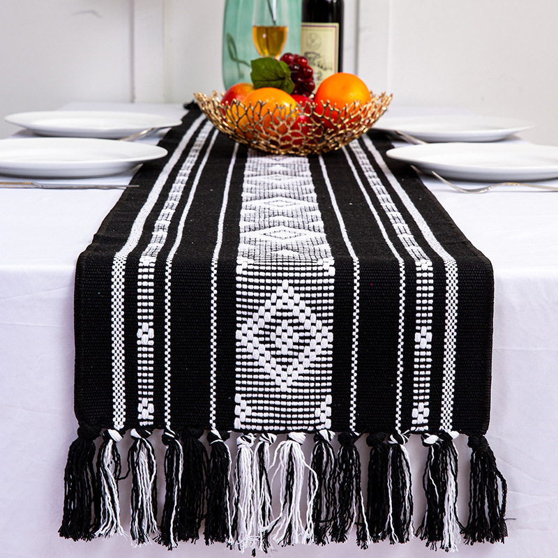 Cross-Border Jacquard Cotton and Linen Table Runner Tablecloth Dining Table Cushion Handmade Tassel Bed Runner Coffee Table Cabinet Cover Towel Tea Towel New