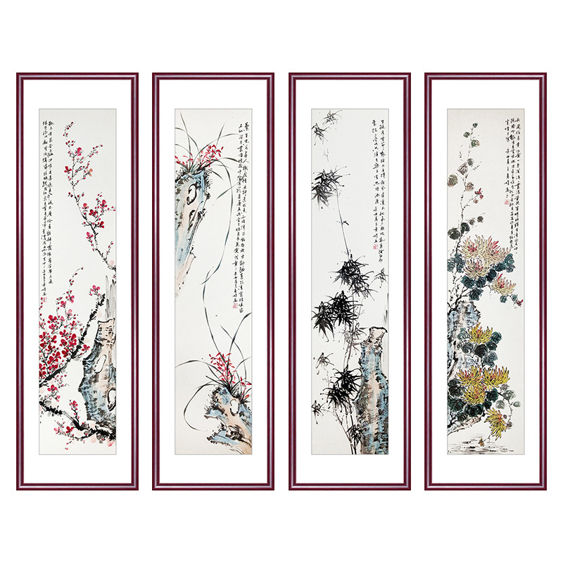 纯手绘梅兰竹菊国画花鸟挂画四条屏新中式客厅沙发背景墙装饰壁画