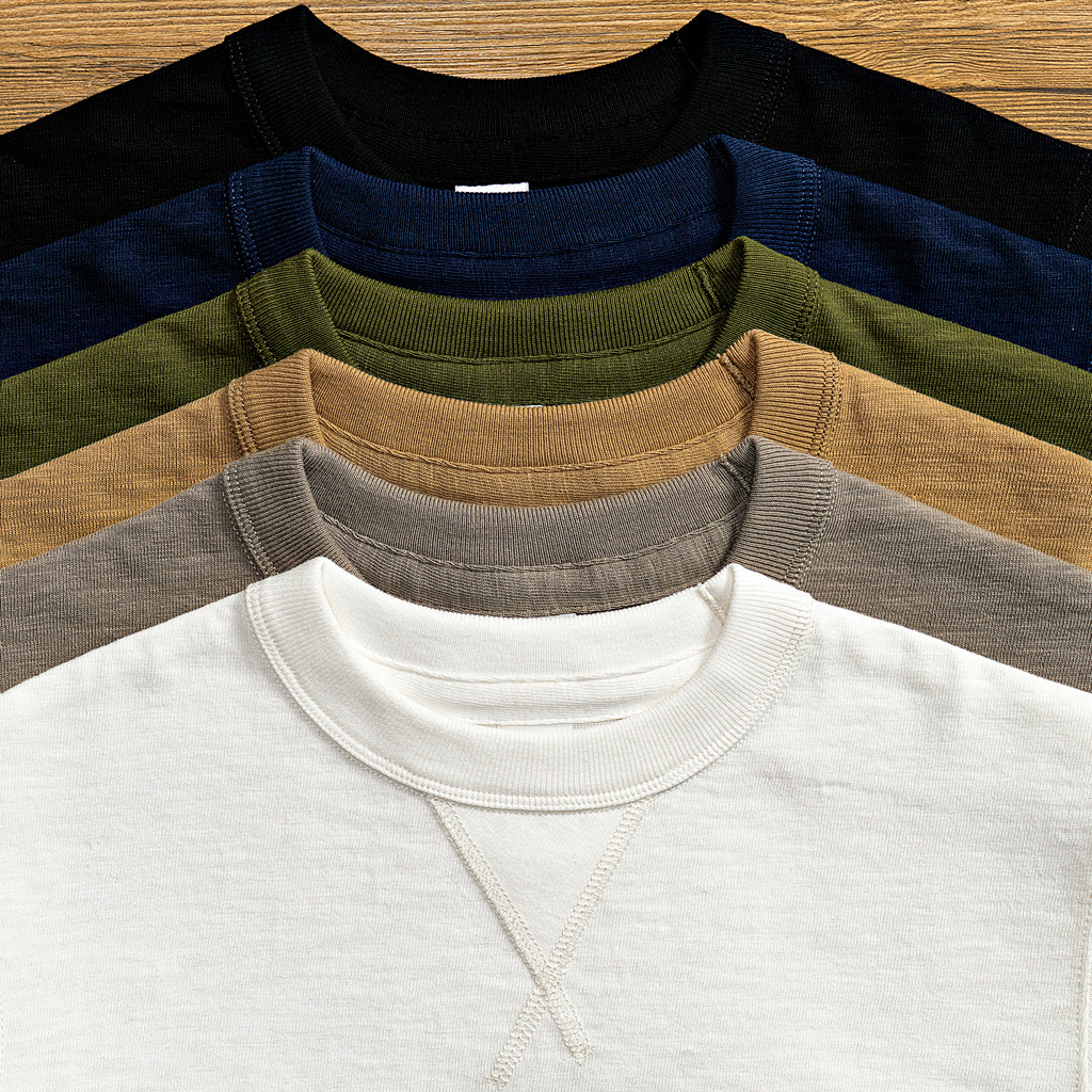 300g 日系复古美式倒三角圆领三本针重磅厚实竹节棉短袖t恤男