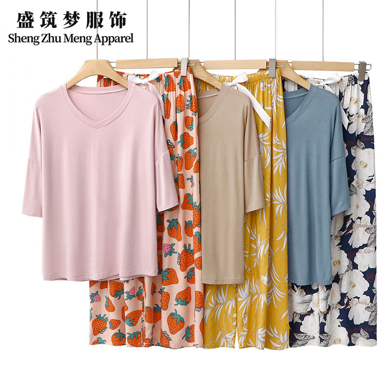 spring and summer comfortable cotton silk contrast color women‘s pajamas 3/4 sleeve multi-color cropped pants ladies‘ homewear wholesale simple casual