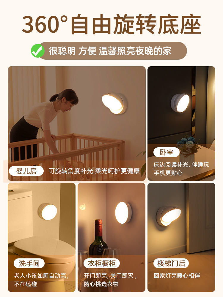 Cross-Border Human Body Induction Lamp Rechargeable Battery Bedside Stair Night Light Cabinet Light 360 Rotating Wall Lamp Led Night Light