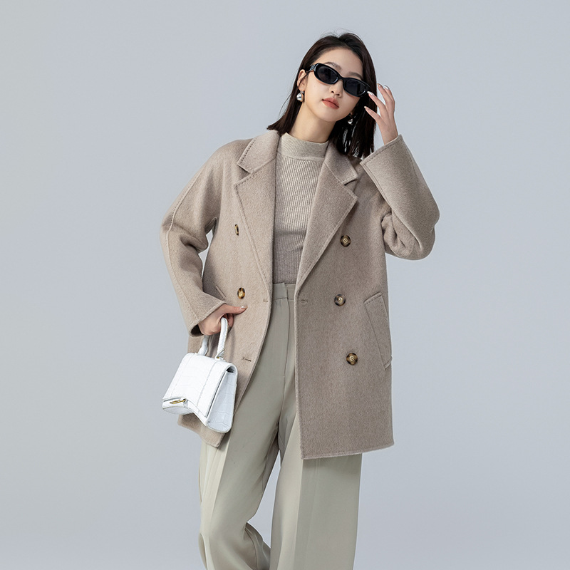 2023秋冬新款休闲气质双面呢羊毛大衣女宽松双排扣骆驼绒毛呢外套
