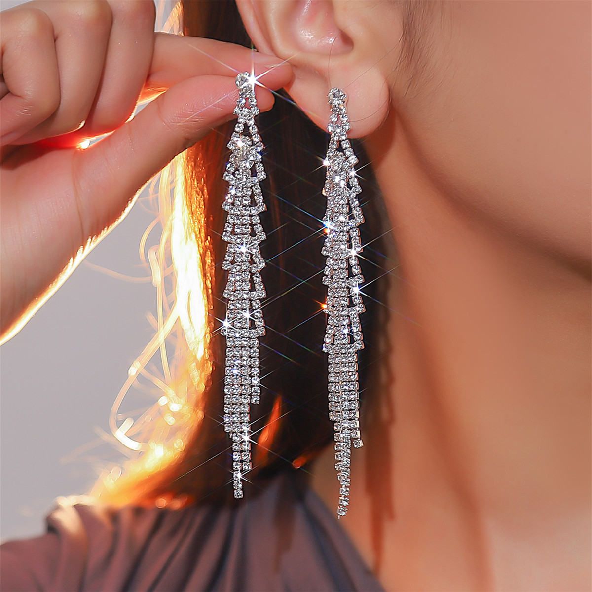 欧美高级感满钻长款流苏耳环女时尚气质奢华耳饰礼服配饰earrings