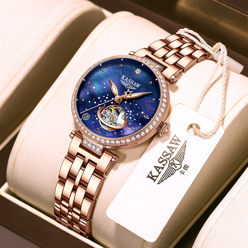 卡梭手表女正品真钻全自动机械表女表小巧小表盘女士