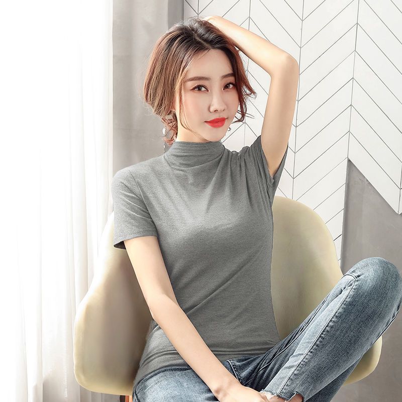 Yxbb Half Turtleneck Short Sleeve Bottoming Shirt Women's Spring and Summer All-Match T-shirt Temperament Half Sleeve Black Tight Trousers Top Vest