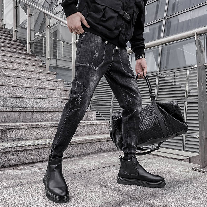 马丁靴裤子搭配男士牛仔裤潮牌网红修身小脚工装束脚哈伦裤男春季