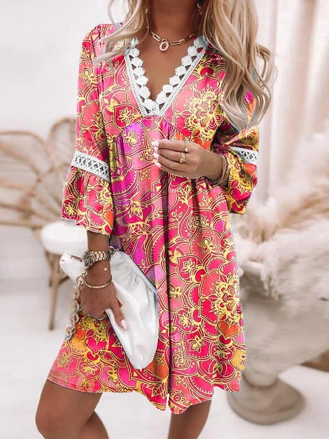 In Stock 2022 Europe and America Cross Border Spring V-neck Printed Lace Stitching Bohemian Casual Vacation Style Dress