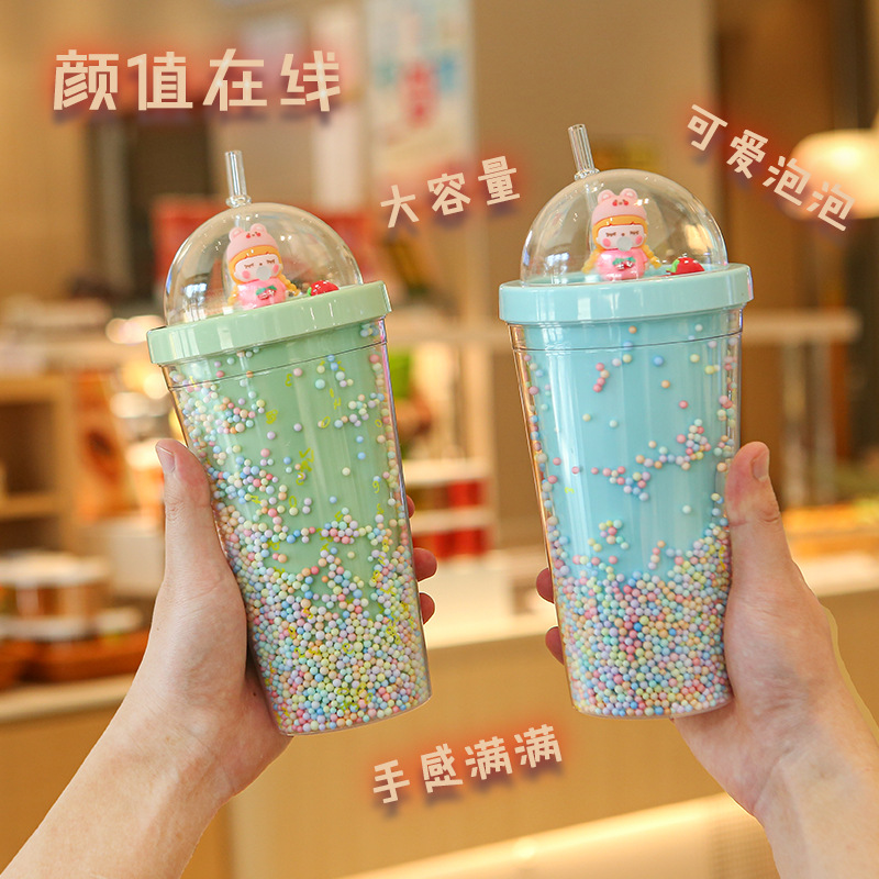 New Cute Bubble Girl Micro Landscape Creative Ice Cup Student Double-Layer Large Capacity Bubble Plastic Water Cup Carrying