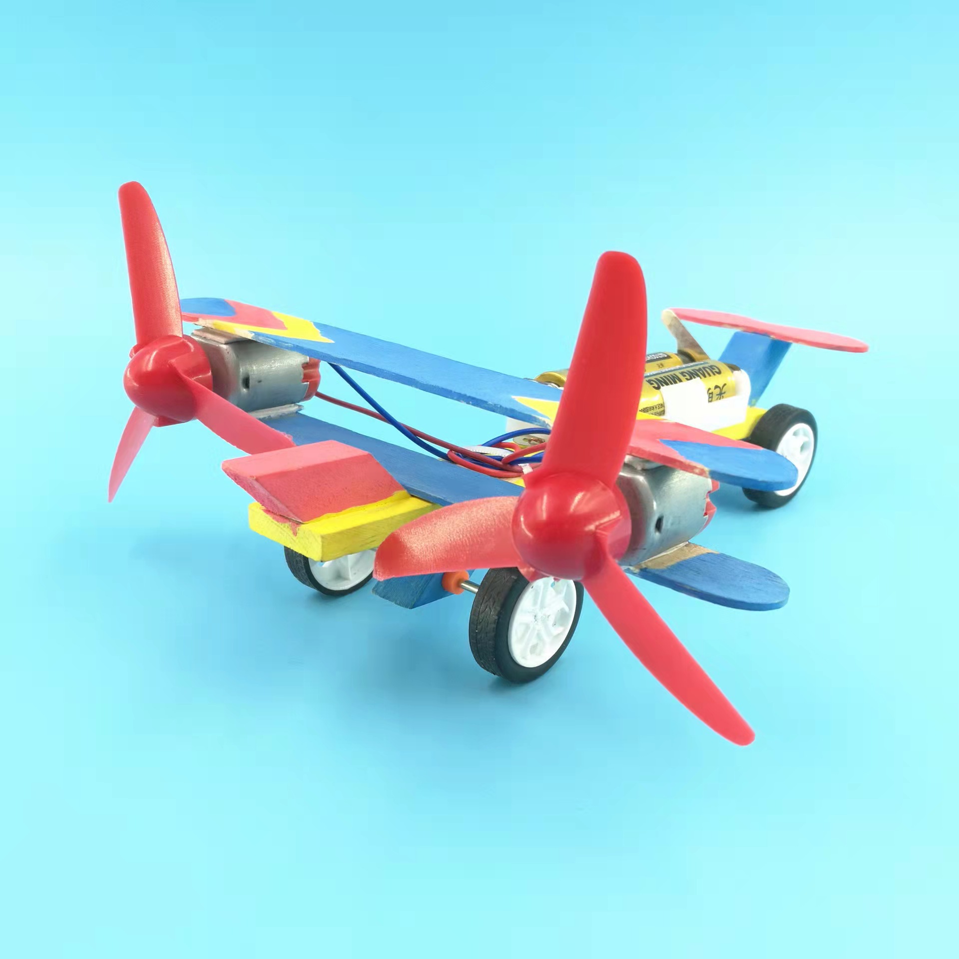 科技小制作 diy双翼电动滑行飞机 学生科学实验 益智拼插玩具批发