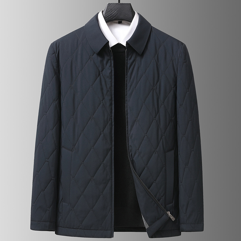 秋冬季男士棉衣商务高端桑蚕丝轻薄棉服男中年爸爸菱形格棉袄外套