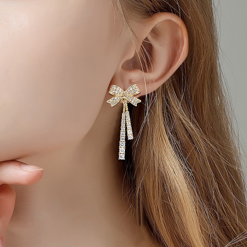 2021年新款潮蝴蝶结耳环优雅设计感气质银针耳钉微镶锆石满钻耳饰