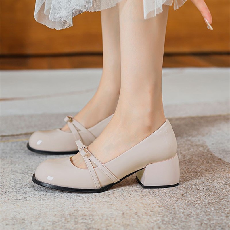 甜酷风漆皮高跟玛丽珍鞋女款2024年夏季新款蝴蝶结浅口圆头jk单鞋