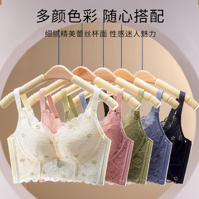 New Sexy Lace Height Side Drawing Underwired Bra Small Chest Push up Breast Holding Adjustable Thin Thick Underwear for Women