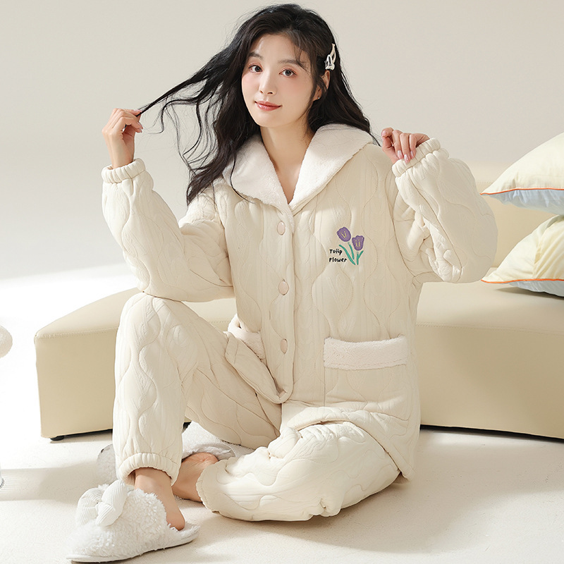 秋冬季睡衣女士三层加厚夹棉长袖长裤保暖棉袄家居服简约舒适套装
