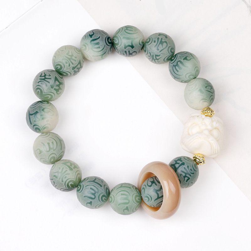 White Jade Bodhi Root Six Words Mantra Carving Handheld Bracelet Wholesale Men and Women Hand Toy Buddha Beads Bracelet TikTok Hot Selling Product