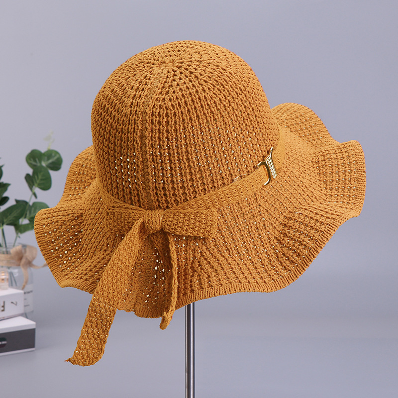 New Spring and Summer Knitted Wave Big Brim Beach Hat Women's Sun-Proof Bow Ribbon Sun Hat Wholesale