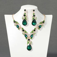 欧美夸张时尚个性绿色水晶宝石项链耳环套装新娘宴会舞台超闪装饰