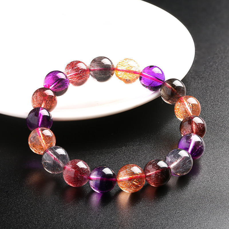 收藏级黑加仑彩超七手串黑超三轮骨干水晶紫发晶草莓晶手链