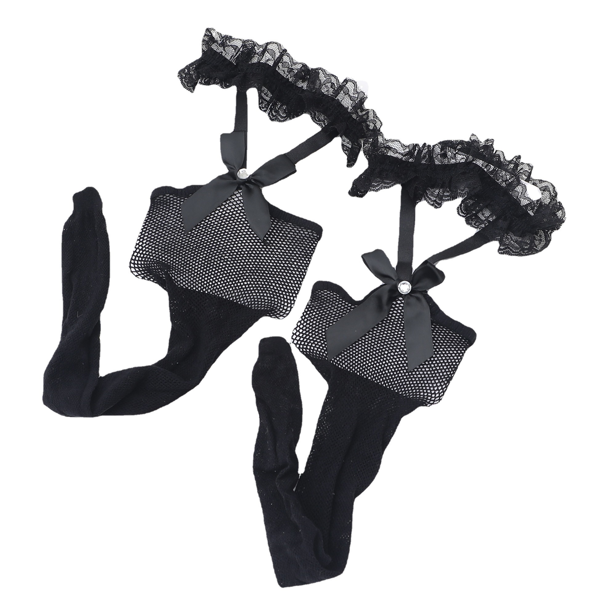 蕾丝渔网袜蝴蝶结吊带性感美腿显瘦过膝袜镂空长筒袜带花边腿环