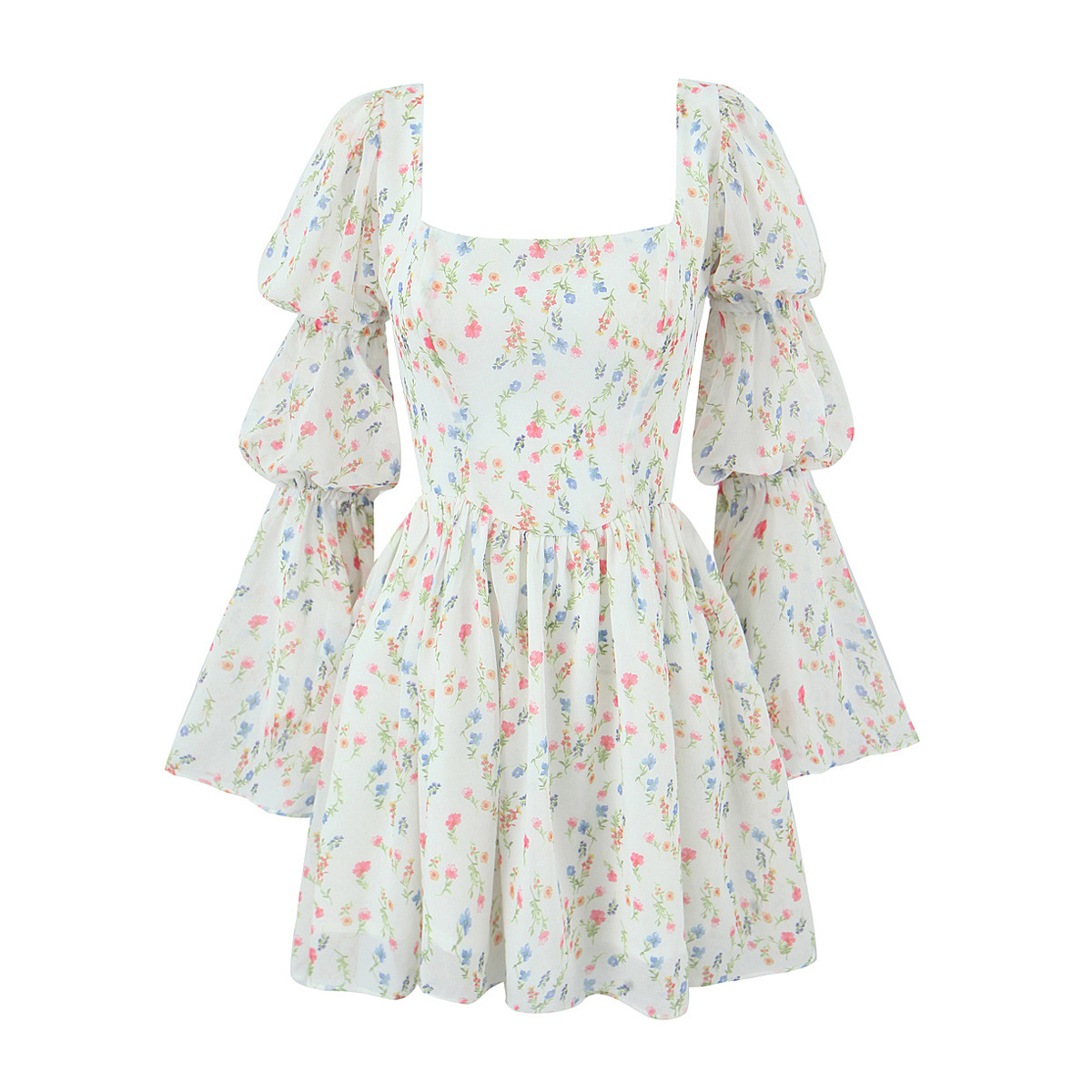 7238-24夏季新款 法式少女休闲清新白底小花印花藕节长袖连衣短裙