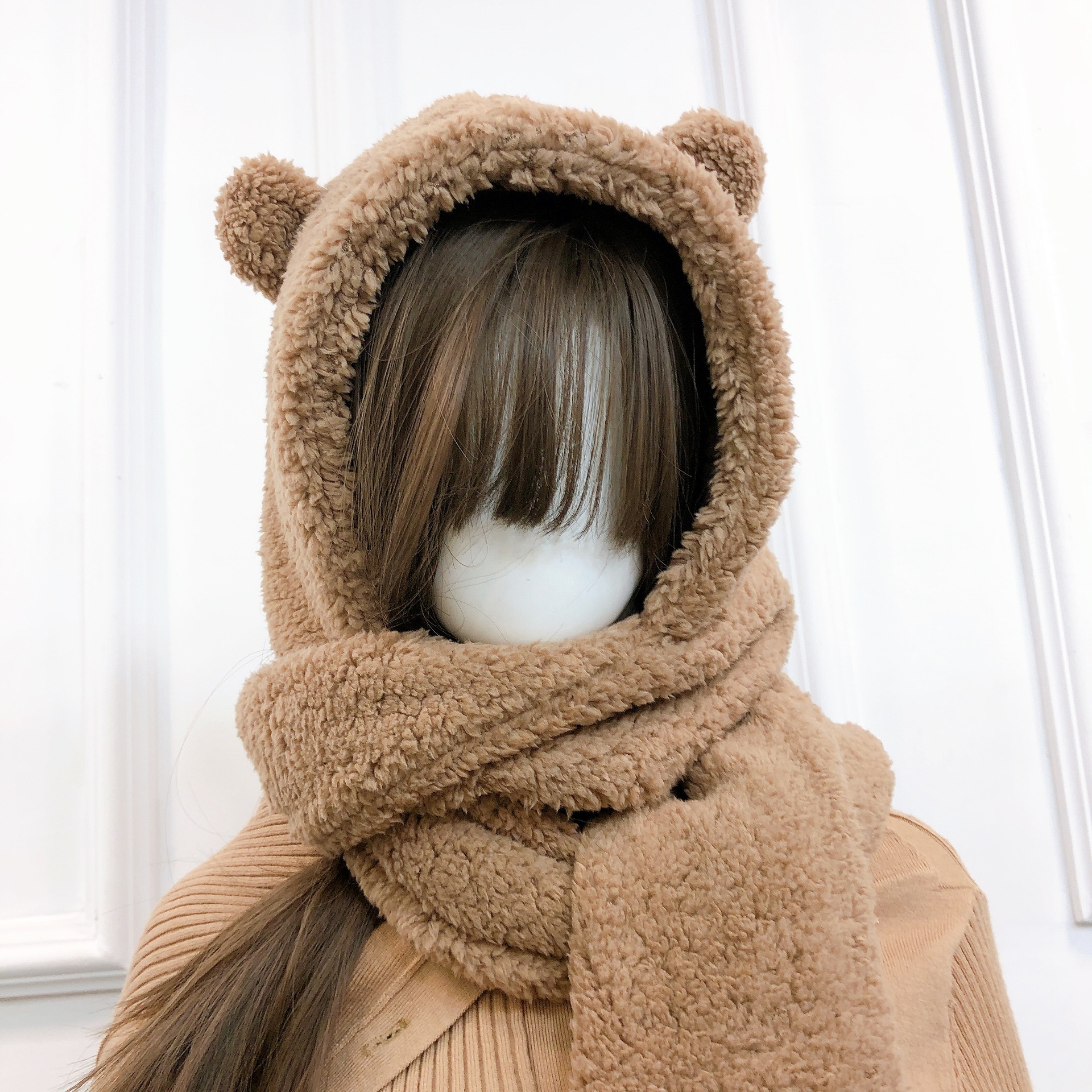 现货韩国jennie金智妮小熊帽子围巾连体仿羊羔毛绒熊耳朵帽围巾女