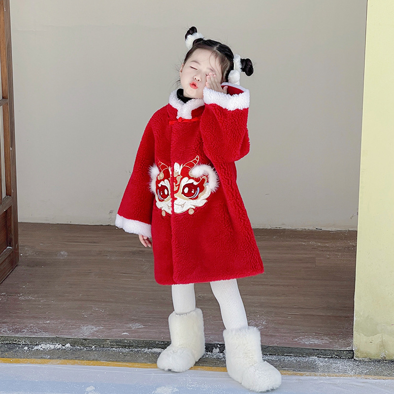 女童拜年服2024冬季新款儿童皮草外套宝宝汉服新年红色唐装中国风