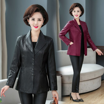 新妈妈装皮衣女短款翻领春秋外套40岁50中老年妇女皮夹克气质上衣