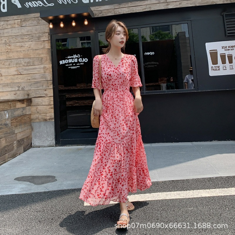 2023 Summer New Korean Style Floral Chiffon Dress Waist Slimming Temperament A- line Short Sleeve Dress Tail Goods Wholesale