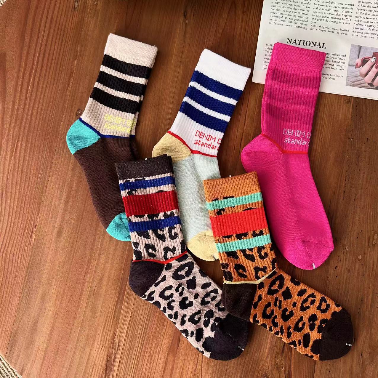 sd 2024春夏儿童亲子日潮糖果配色豹纹松紧口百搭中高筒袜五色入