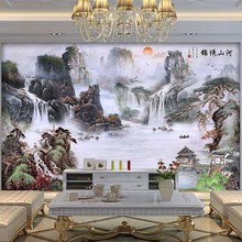 新中式山水画风景墙纸3D办公室锦绣山河电视背景墙壁纸水墨画墙布