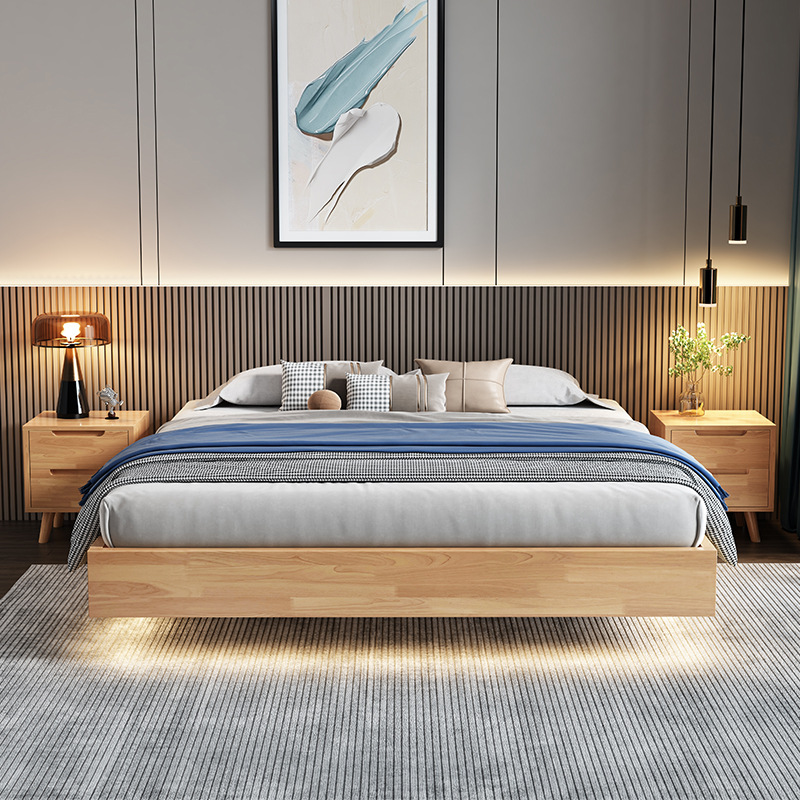 侘寂风实木悬浮床简约无床头1.5米单人床1.8米感应灯民宿双人床