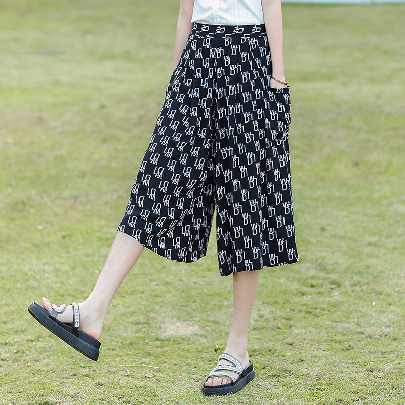新款夏季七分裤棉绸阔腿裤女时尚大码裙裤松紧高腰花裤子跳舞裤