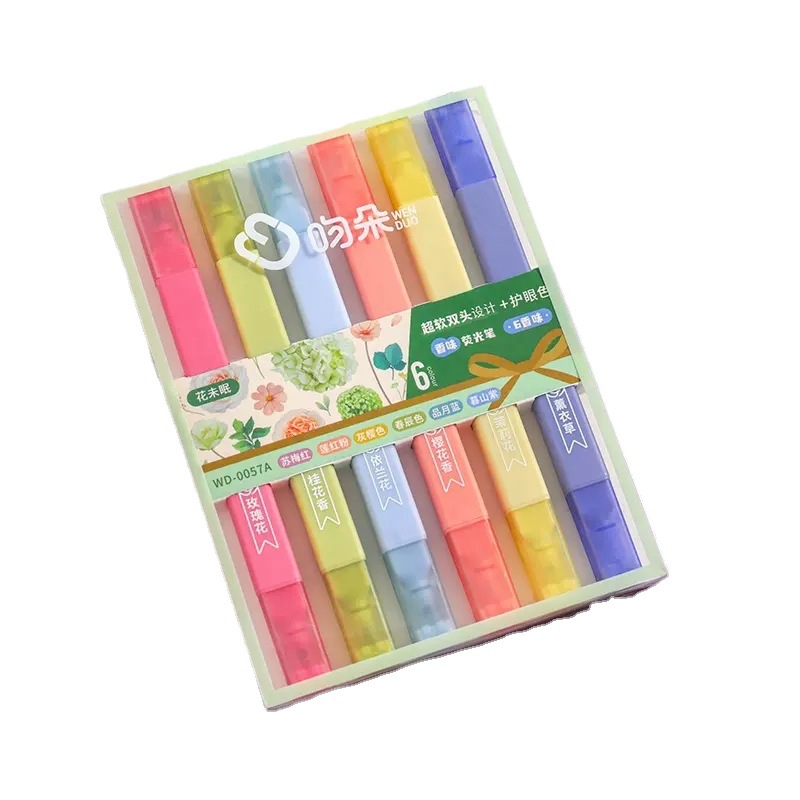 Fragrance 6 Colors Fluorescent Pen Set Wholesale Student Color Marker Double-Headed Multi-Color Marking Pen Highlighter