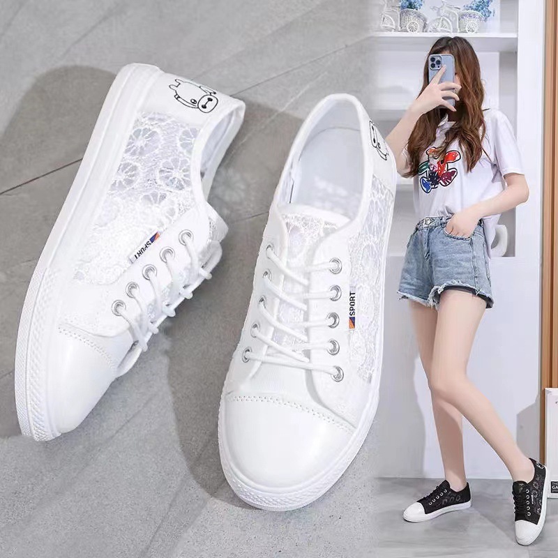 2023 Summer New Lace Breathable White Shoes Women's Korean Style Students' Shoes Mesh Canvas Shoes Flat Sneakers Wholesale