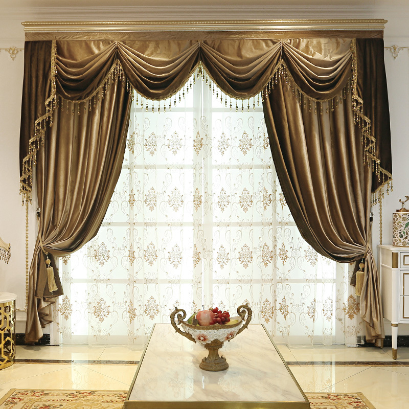 欧式客厅窗帘大气奢豪华别墅卧室遮光厚绒布简欧窗幔帘头成品