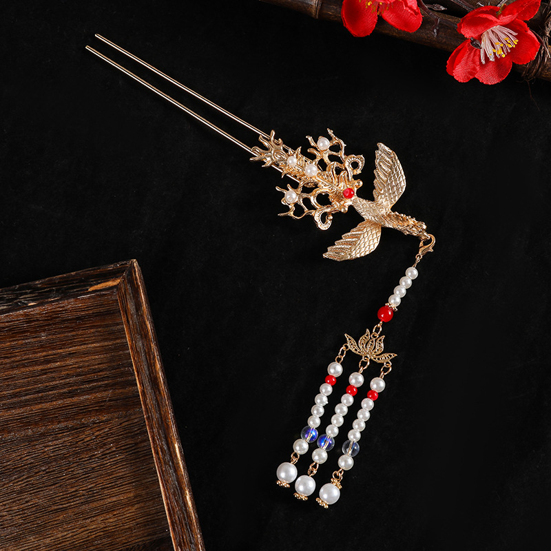 凤头钗发簪流苏步摇套装古风凤凰头饰发冠唐风明晚风对钗头冠发饰