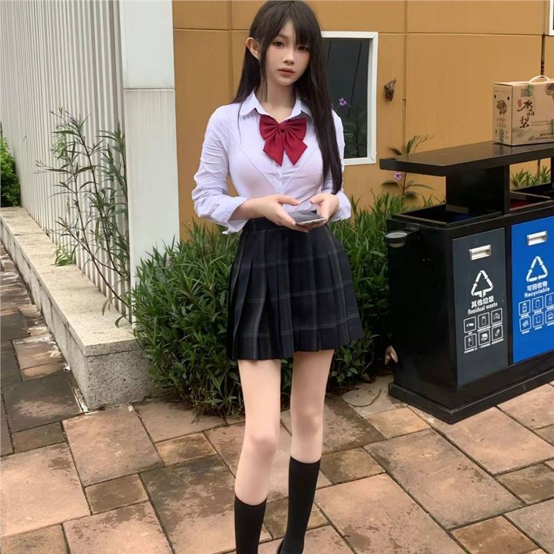 春秋新款收腰衬衫jk制服套装白色蝴蝶结上衣格子高腰百褶裙女套装