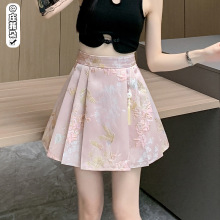新中式国风提花短裙女春夏季粉色缎面高腰A字裙小个子百褶半身裙