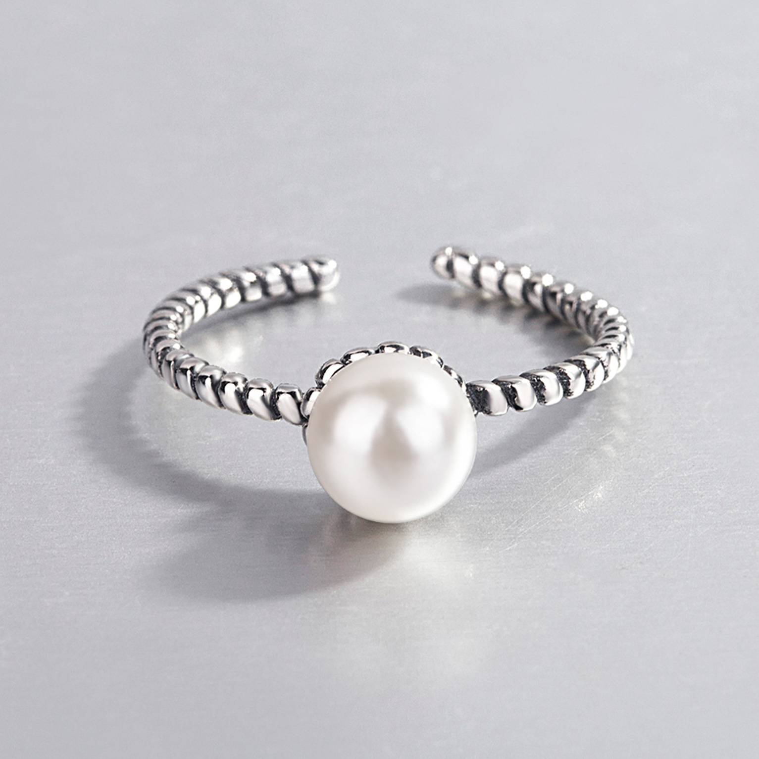 日韩版s925纯银戒指女时尚个性复古做旧麻绳编织珍珠学生开口指环