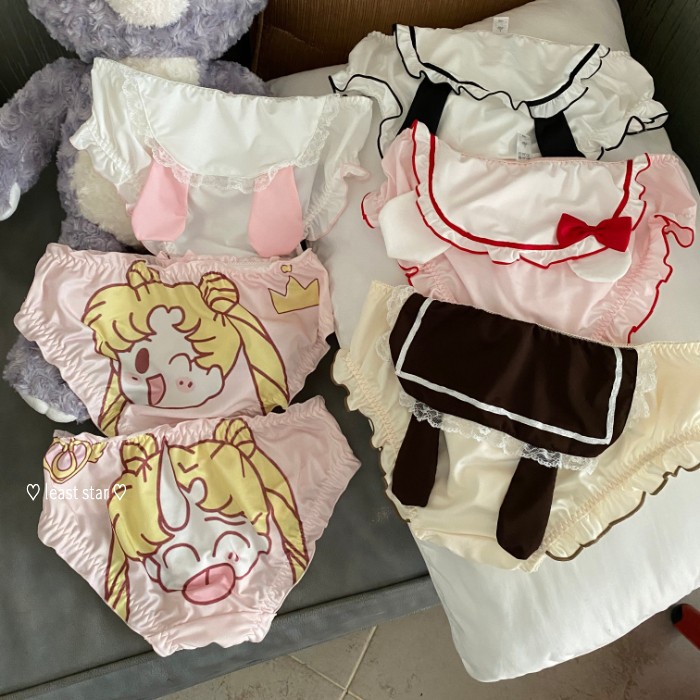 日系内裤女性感荷叶边冰丝可爱少女蝴蝶结蕾丝jk动漫牛奶丝三角裤