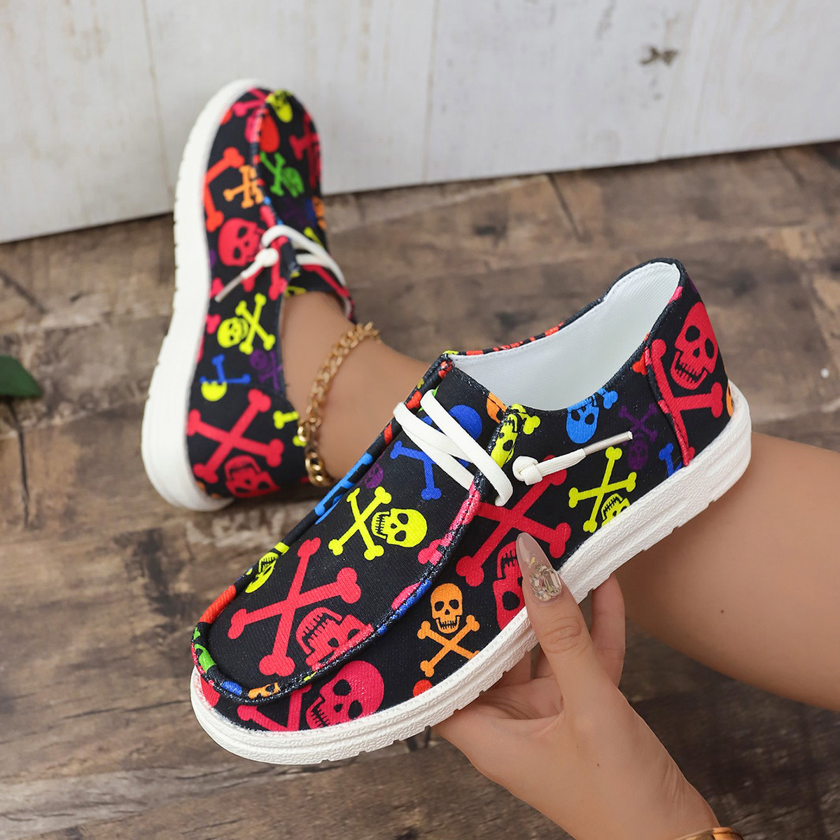 外贸大码帆布鞋女秋季南瓜骷髅头万圣节元素女鞋欧美女式休闲鞋